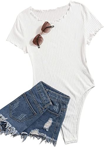 Women's Ribbed Knit Short Sleeve Crew Nekc Basic T Shirt Bodysuit