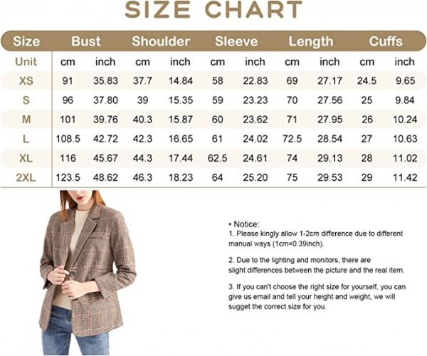 Women's Notch Lapel 2 Button Boyfriend Blazer Suit Houndstooth Plaid Jacket Coat