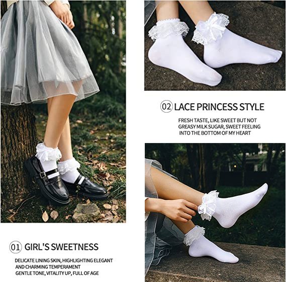 Women Ankle Socks,Lace Ruffle Frilly Comfortable Princess Socks Lace Socks (3 Pairs)